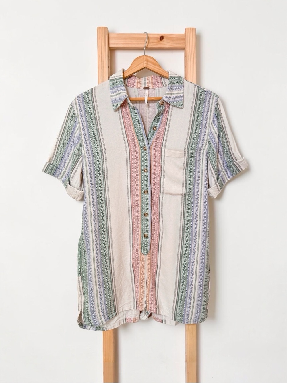 Free People Striped Button Front Short Sleeve Tunic Shirt Boho Top XS